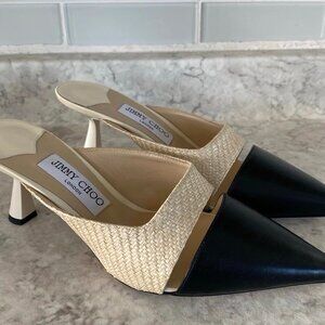 Jimmy Choo Zalea 65 Nappa Raffia Latte Black Heels Mules